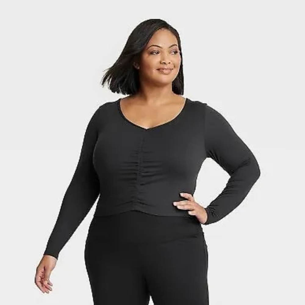 NEW All in Motion Womens Flex Shirred Cropped Long Sleeve T-Shirt Black XXL